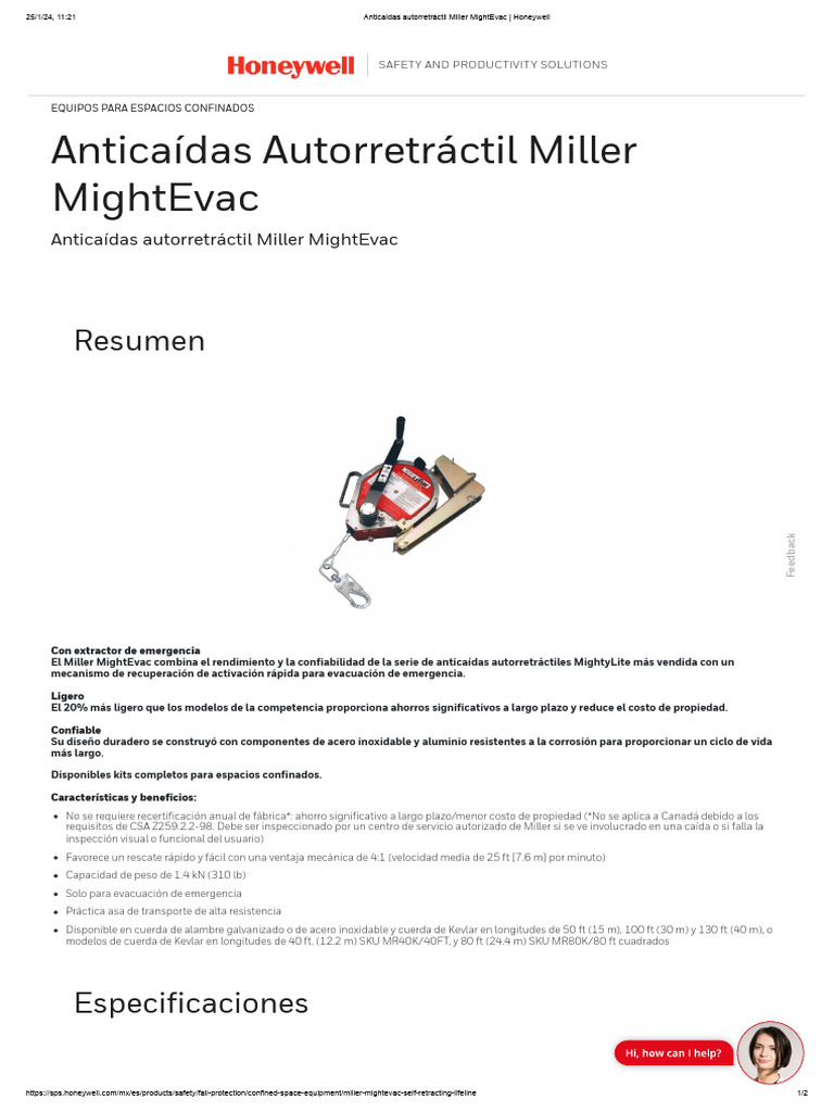 Anticaídas Autorretráctil Miller MightEvac - Honeywell | PDF
