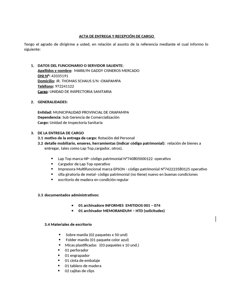Acta de Entrega de Cargo Municipal | PDF