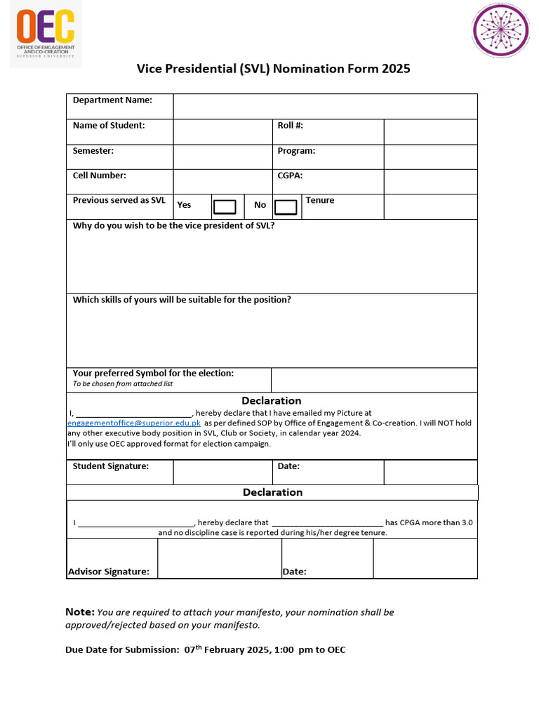 2025 SVL Vice Presidential Nomination Form | PDF | Government | Elections