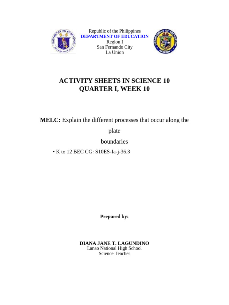 Science 10 Activity Sheets: Plate Boundaries | PDF | Plate Tectonics ...