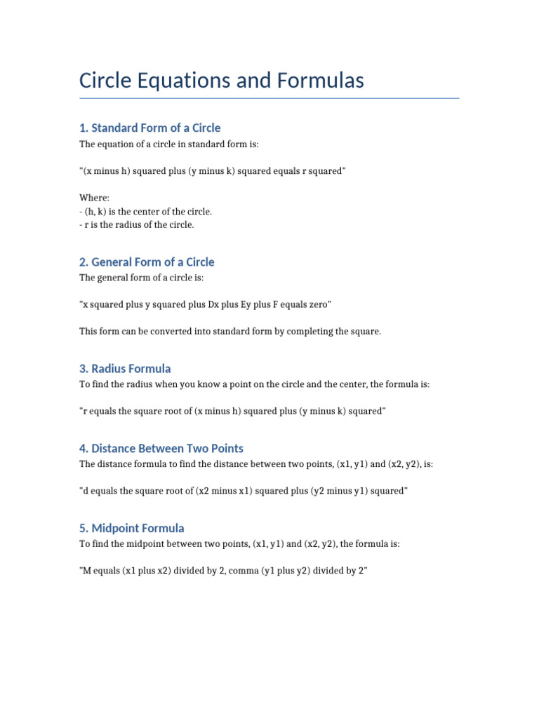 Circle Equations and Key Formulas | PDF