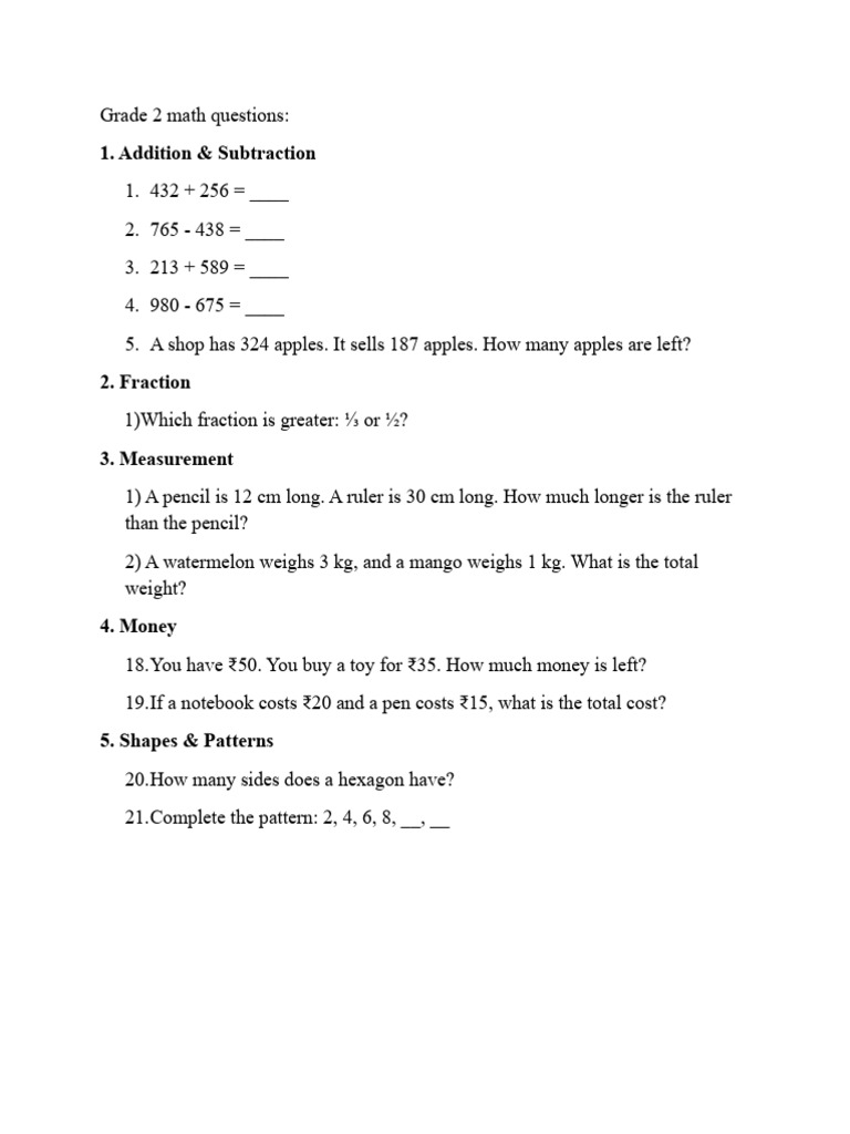 Grade 2 Math Questions and Exercises | PDF