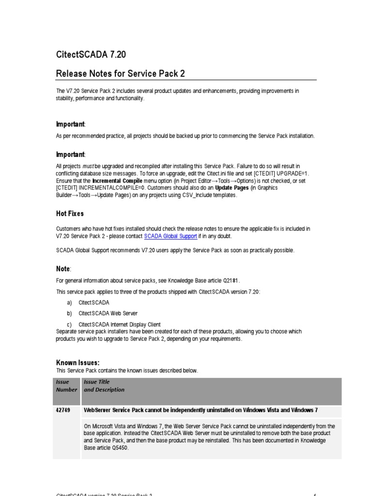 CitectSCADA 7.20 SP2 Release Notes | PDF | Windows Xp | Windows Vista