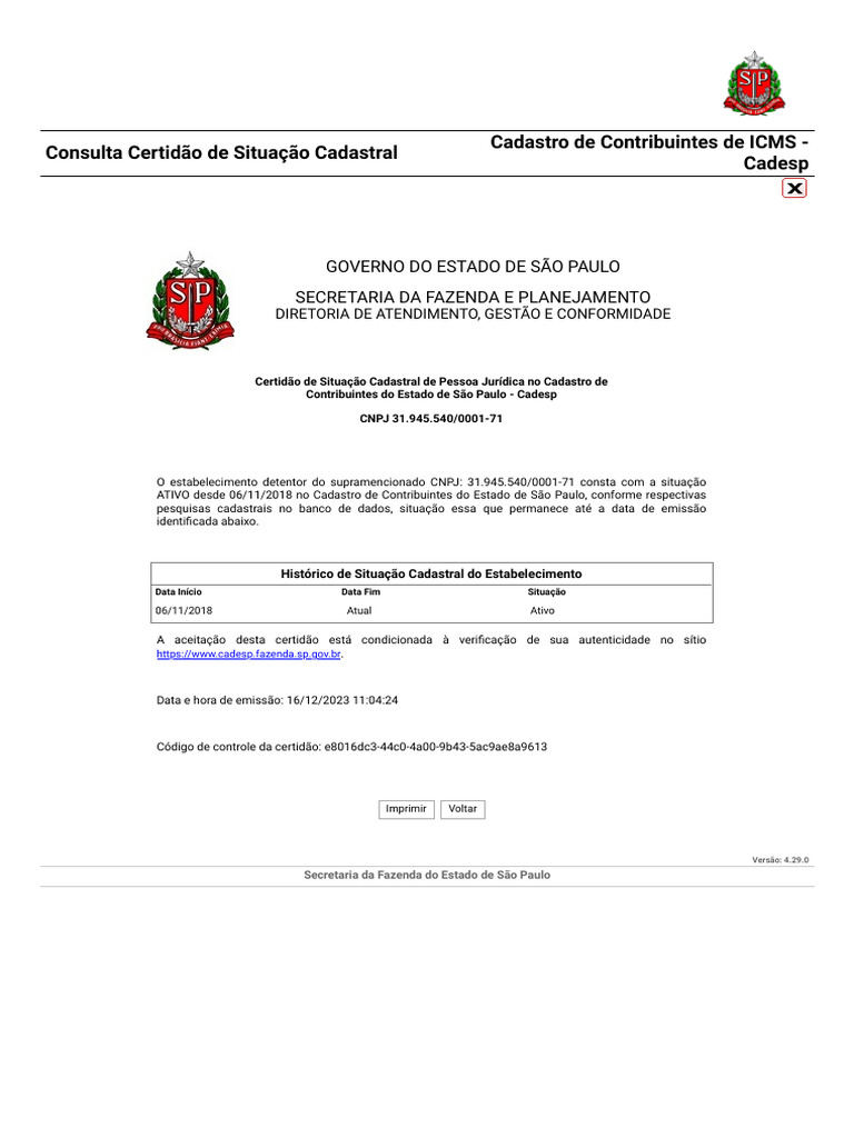 Certidão de Situação Cadastral Cadesp | PDF