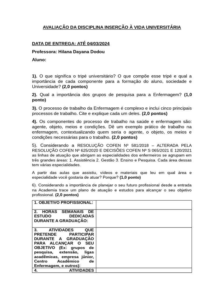 1º AVALIAÇÃO DA DISCIPLINA INSERÇÃO À VIDA UNIVERSITÁRIA (5) (4) 2 | PDF