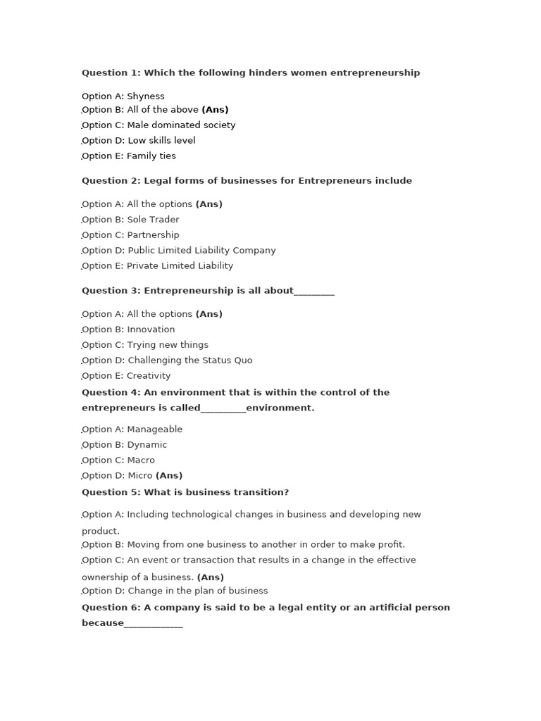 GST 204 Entrepreneurship Q&A Guide | PDF | Entrepreneurship | Sole ...
