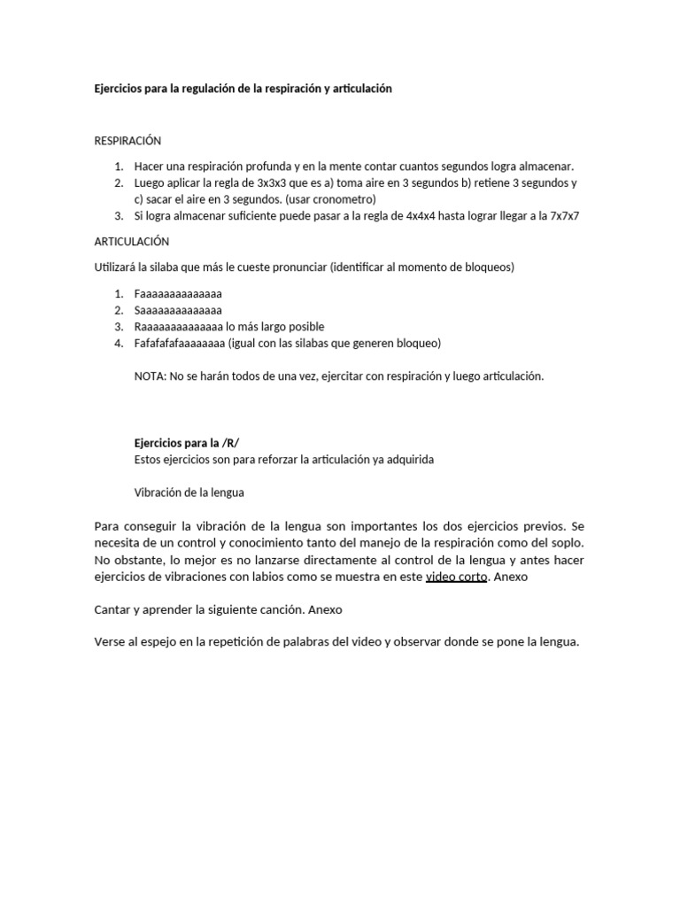 Ejercicios para La Regulación de La Respiración y Articulación | PDF