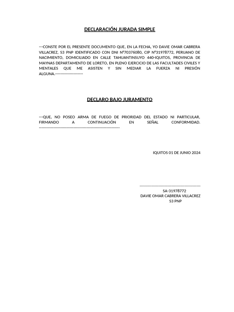 Declaración Jurada PNP Iquitos 2024 | PDF | Perú