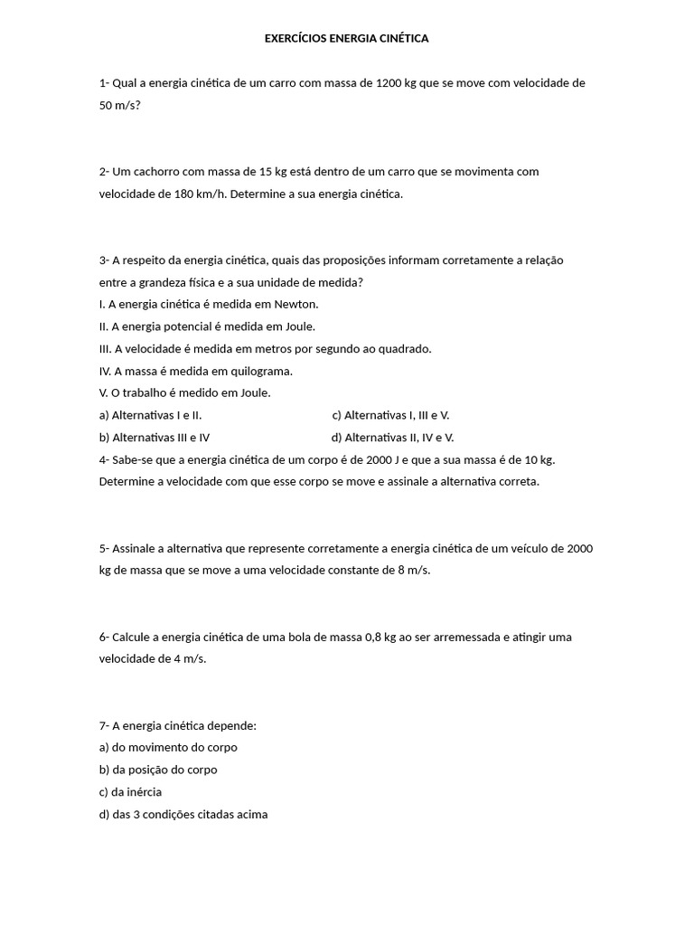 Exercícios de Energia Cinética 8º e 9º Ano | PDF