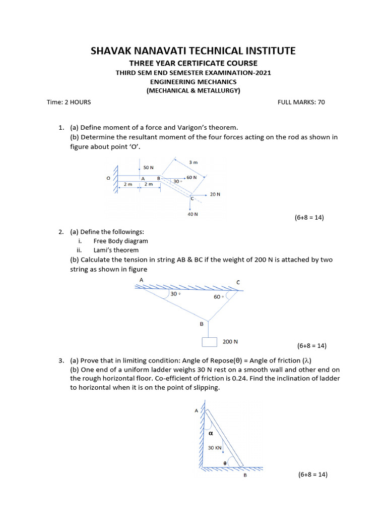 Engineering Mechanics Exam Questions Pdf