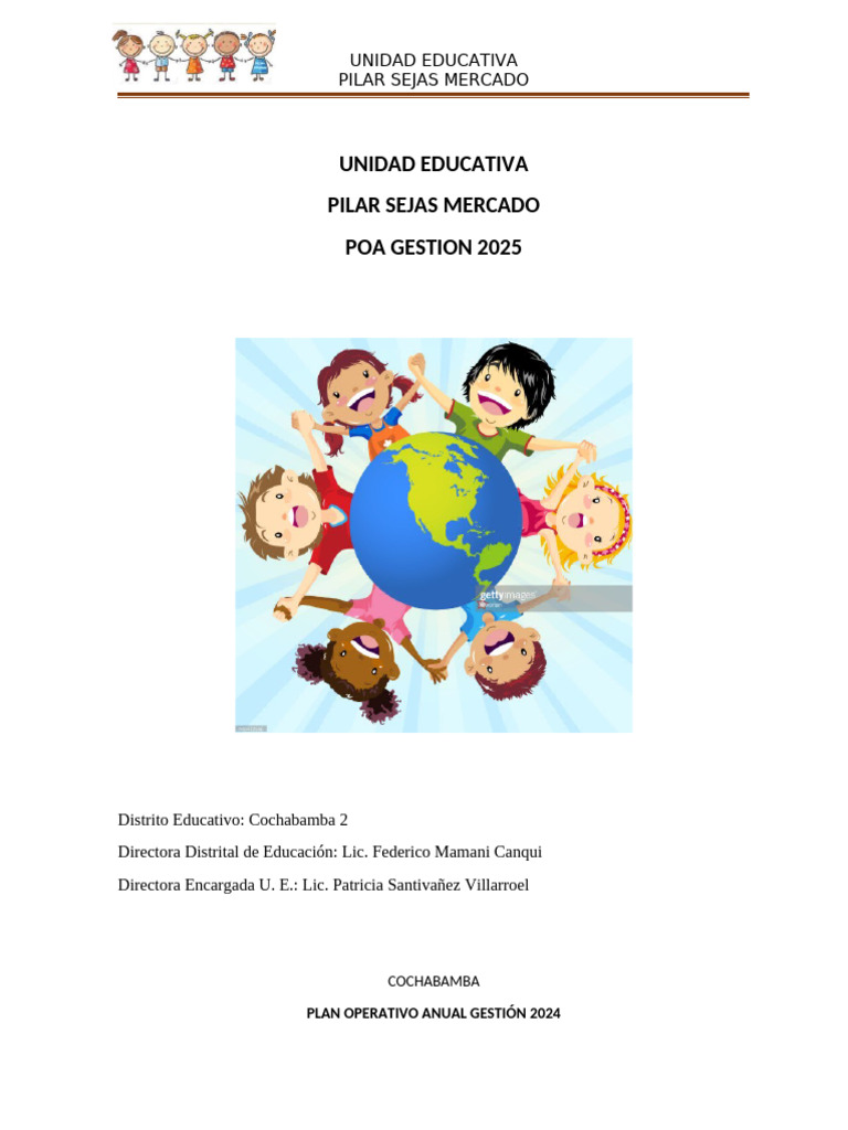 POA 2024 Unidad Educativa Pilar Sejas | PDF | Educación de la primera ...