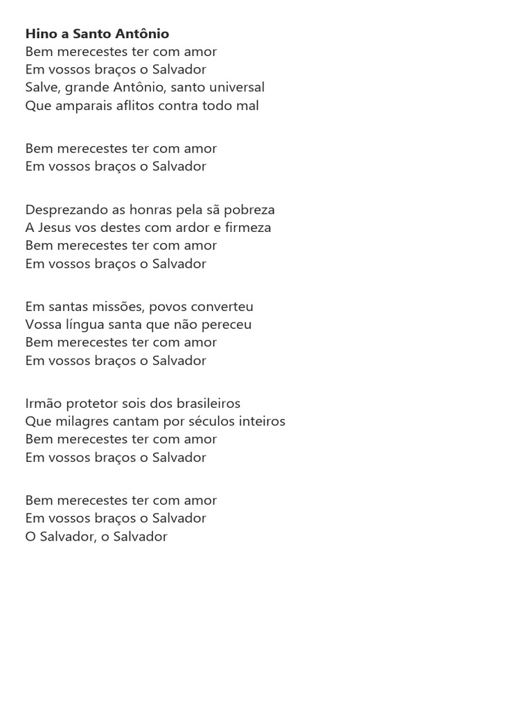 Hino a Santo Antônio: Letra e Louvor | PDF