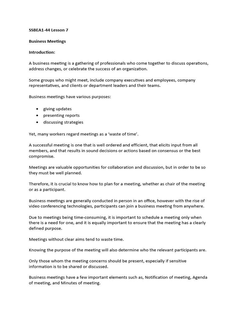 Effective Business Meetings Guide | PDF | Etiquette | Agenda (Meeting)