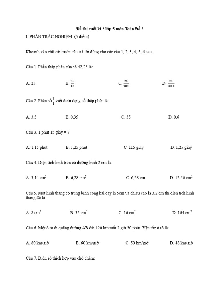 đề thi hk2 toán 5 đề 2 | PDF
