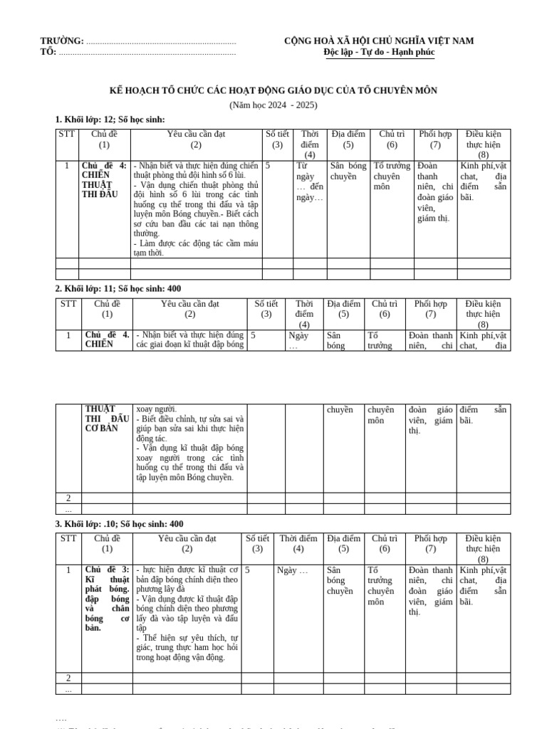 Phu Luc 2 Mau Ke Hoach To Chuc Hoat Dong Giao Duc 2020 | PDF