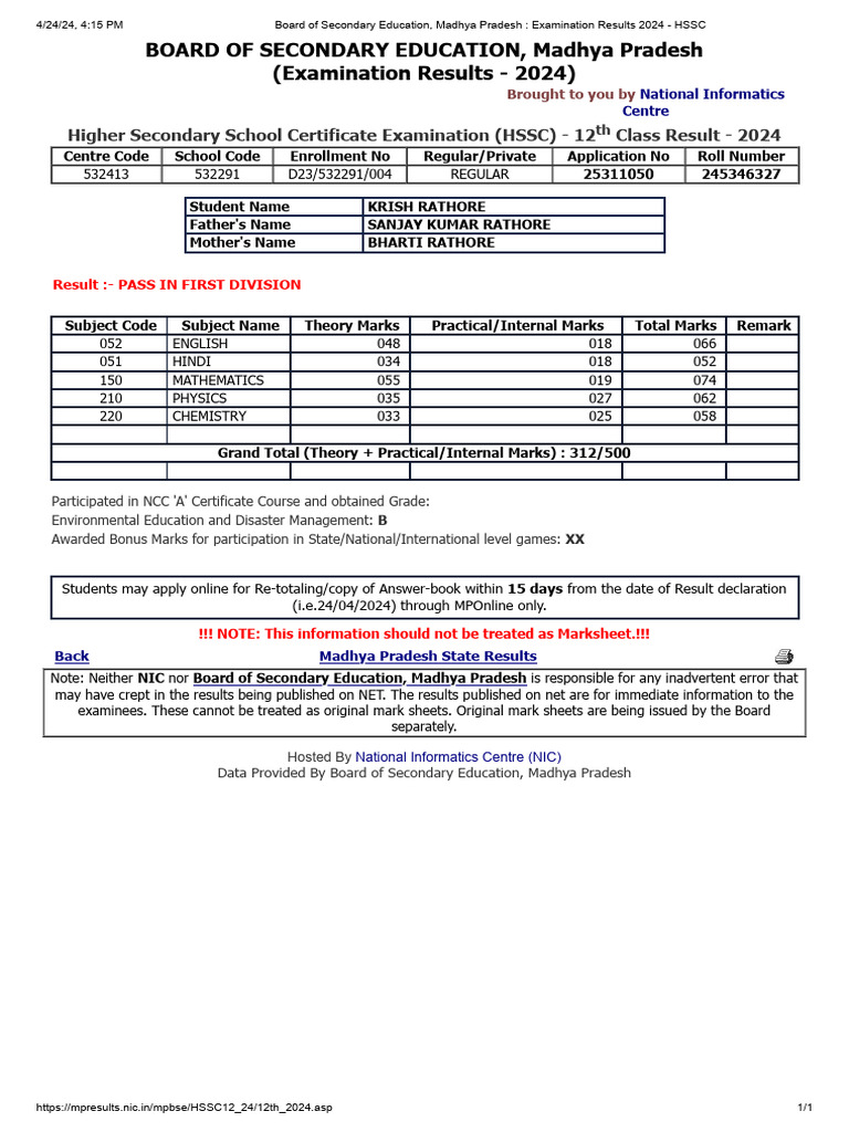 Krish 12th Board of Secondary Education, Madhya Pradesh _ Examination ...