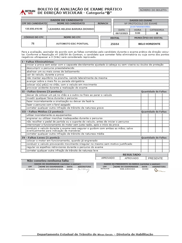 N P 024 Boletode Avaliacao de Exame Pratico de Direcao Veicular A | PDF