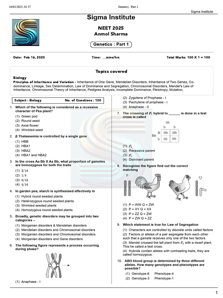 NEET 2025 Genetics Exam Questions | PDF | Dominance (Genetics) | Zygosity