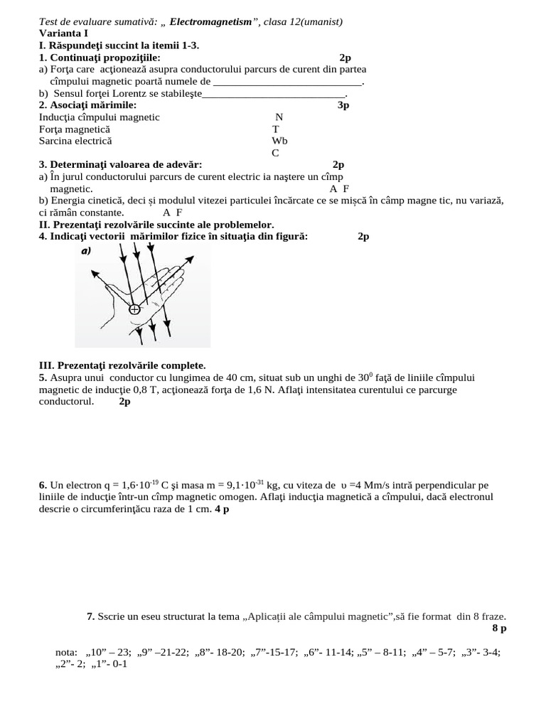 Test de Evaluare Sumativa Modulul Electromagnetism | PDF