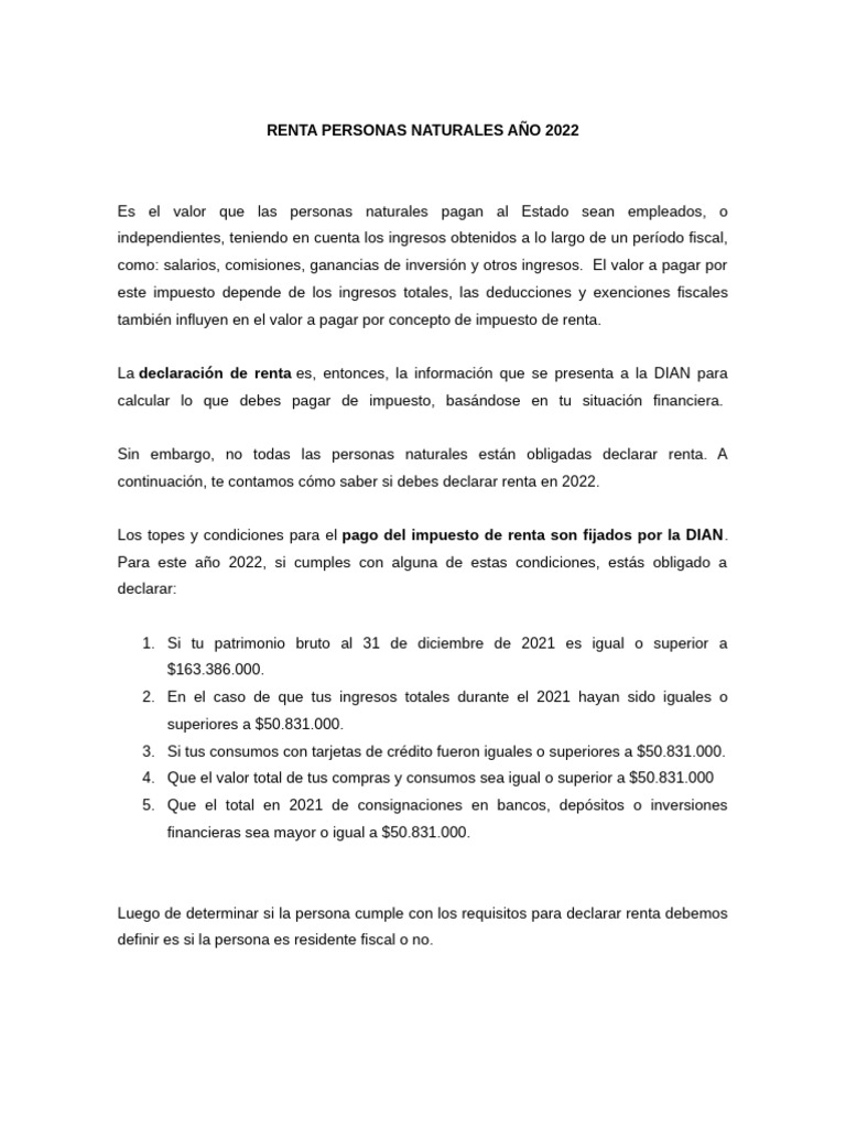 Topes Declaración Renta 2022 Personas Naturales | PDF | Impuestos | Pensión