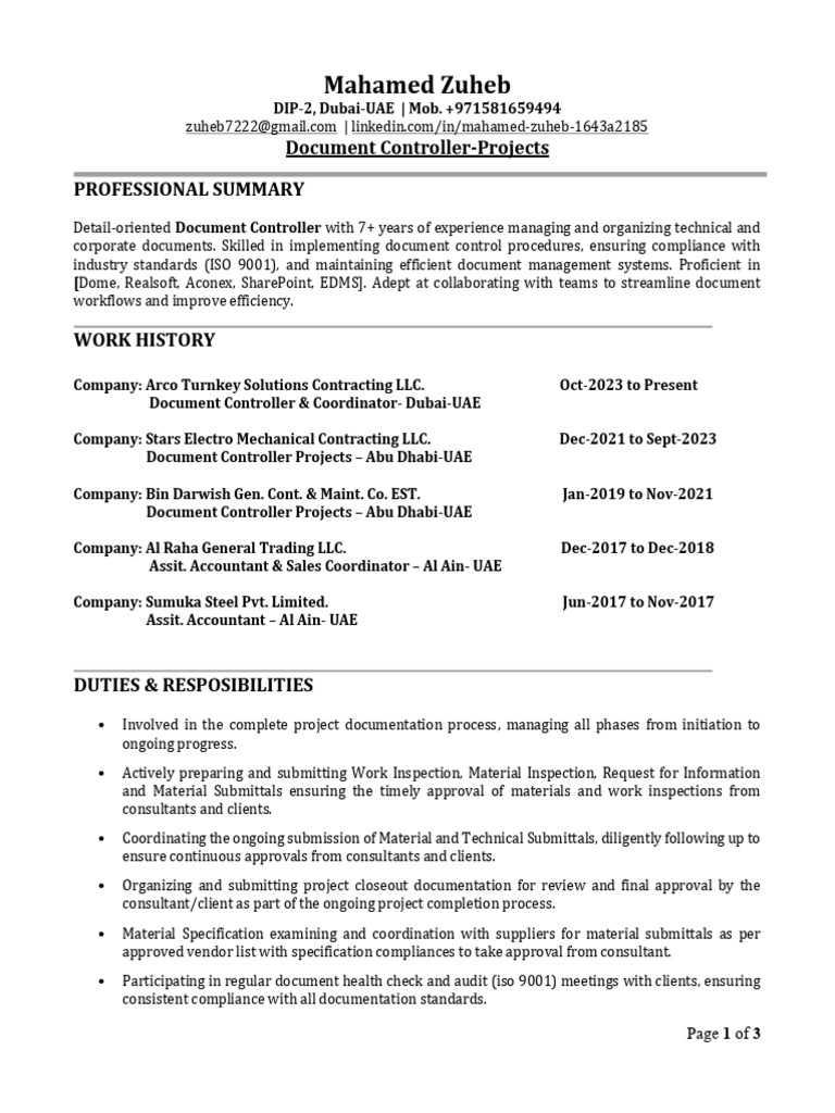 Document Controller Resume - UAE | PDF | Specification (Technical Standard)