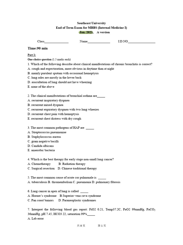 MBBS Internal Medicine Exam Questions | PDF | Heart | Respiratory Diseases