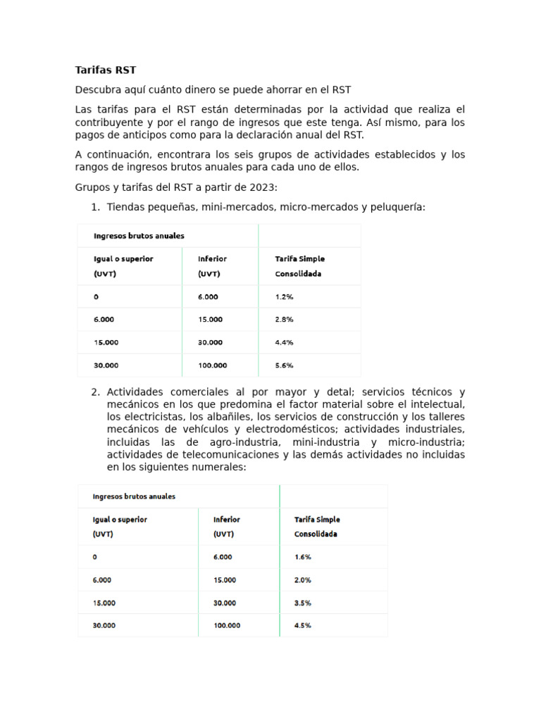 Tarifas RST 2023: Grupos e Ingresos | PDF