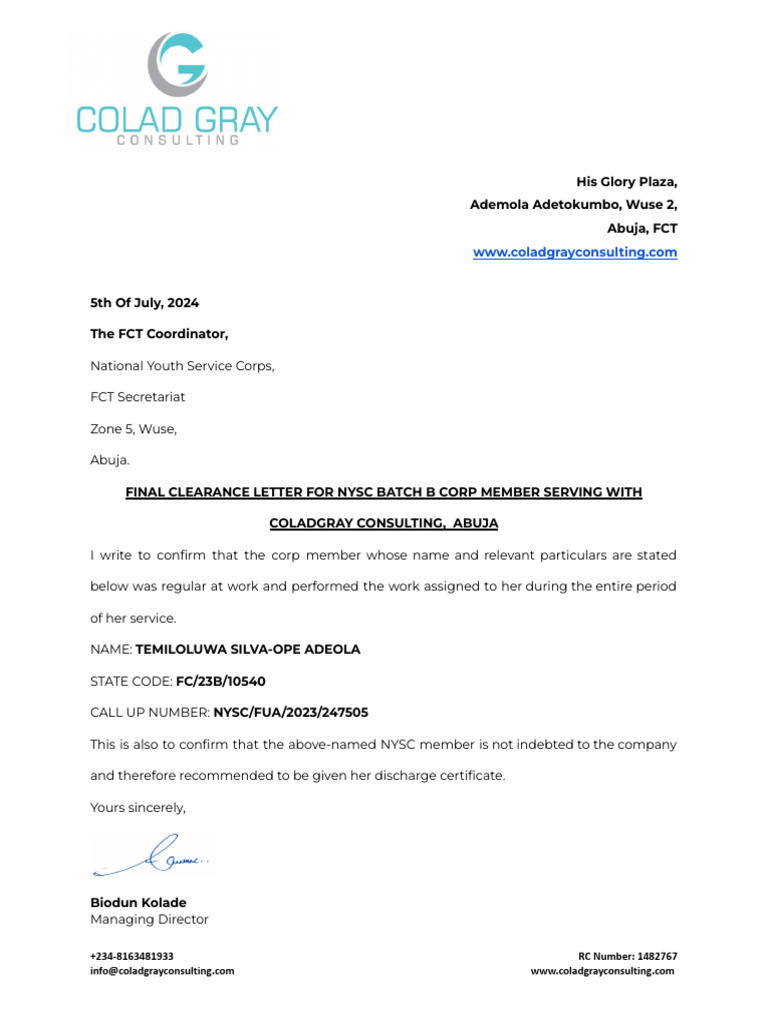 NYSC Final Clearance Letter Sample | PDF
