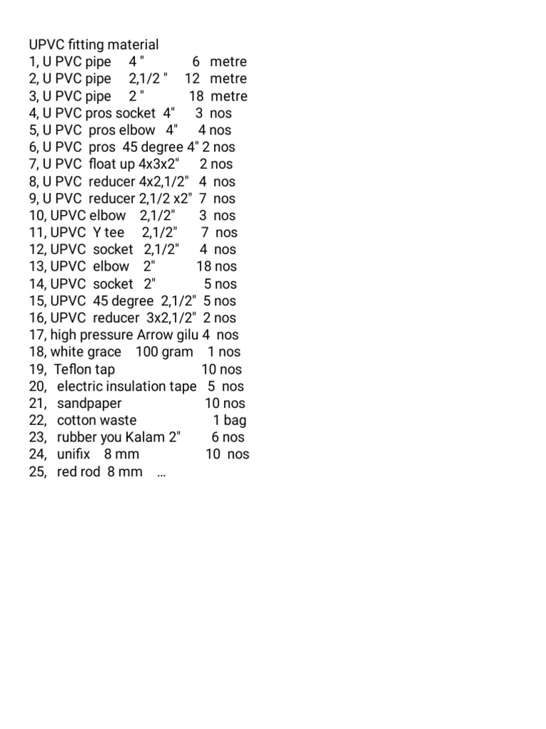 UPVC Plumbing Supplies List | PDF