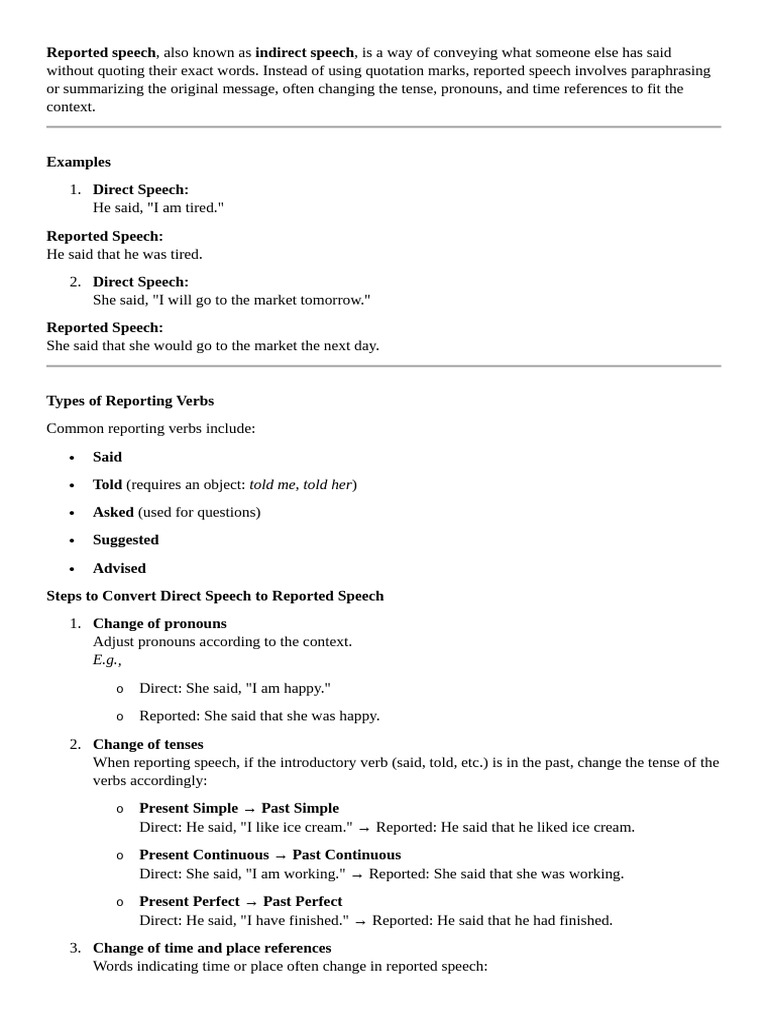 Understanding Reported Speech Basics | PDF | Sentence (Linguistics ...