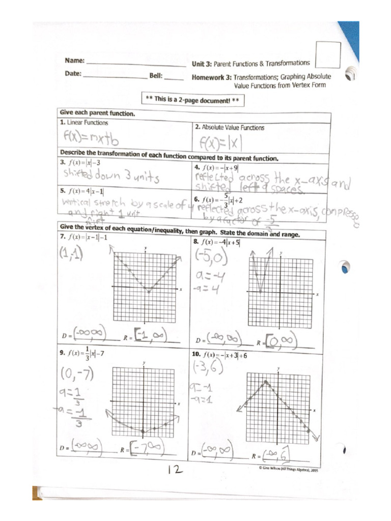 Unit 3 Parent Functions & Transformations | PDF