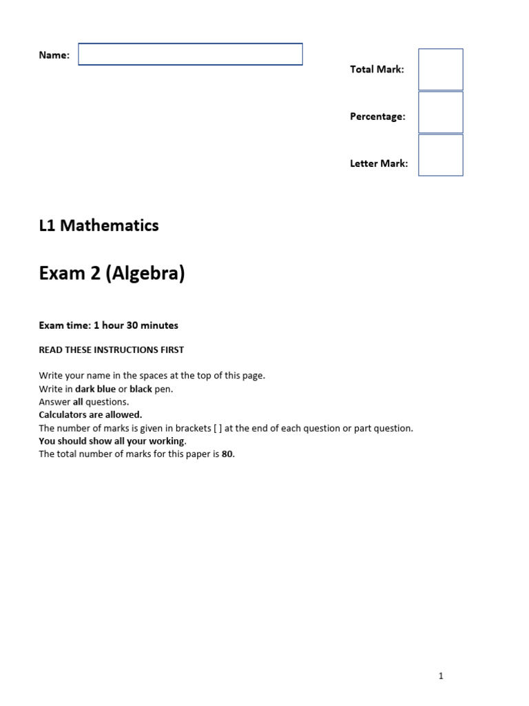 L1 Mathematics Exam 2: Algebra Test | PDF | Algebra | Mathematics