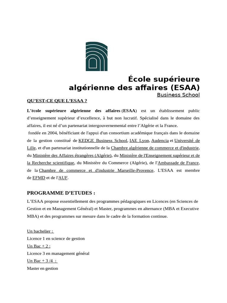 Conditions d'accès et programmes ESAA | PDF | Maîtrise en ...