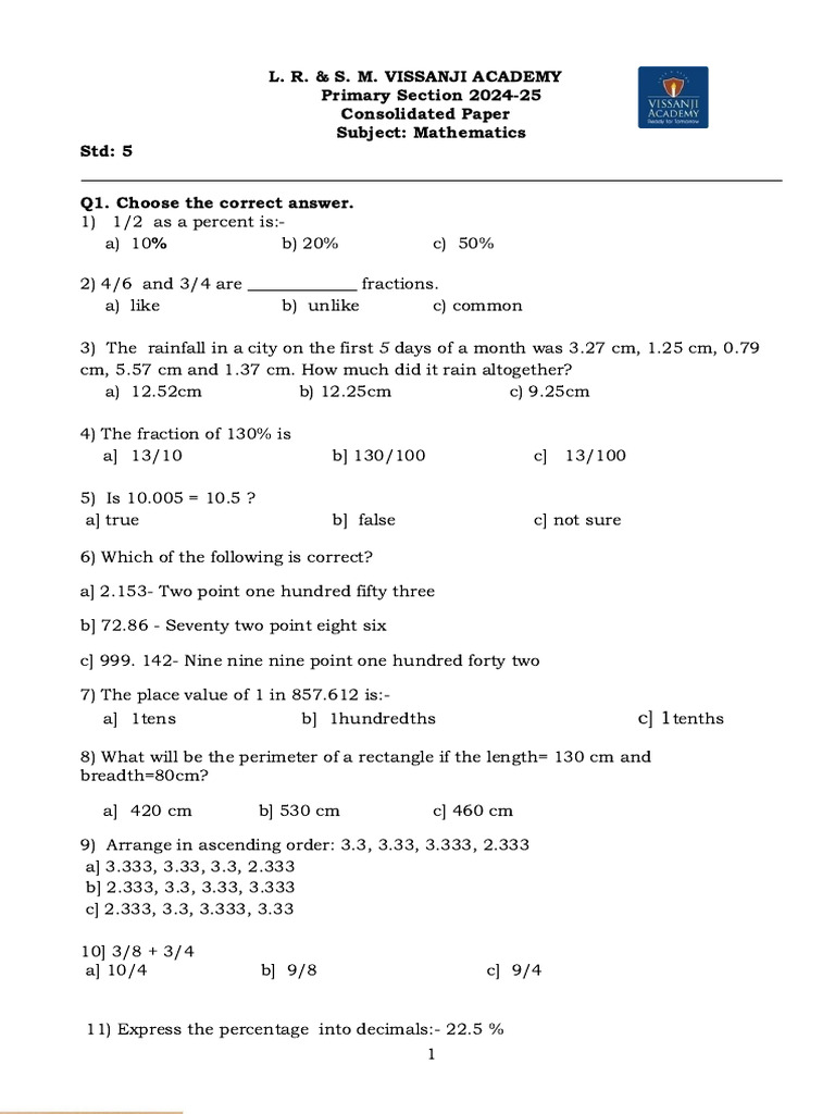 SA2 Mathematics Paper 2025 for Std 5 | PDF | Length | Area