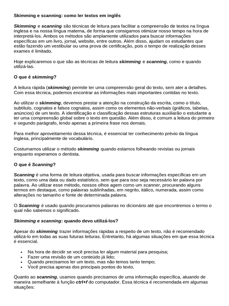 Técnicas de Leitura: Skimming e Scanning | PDF | Tempo | Informação