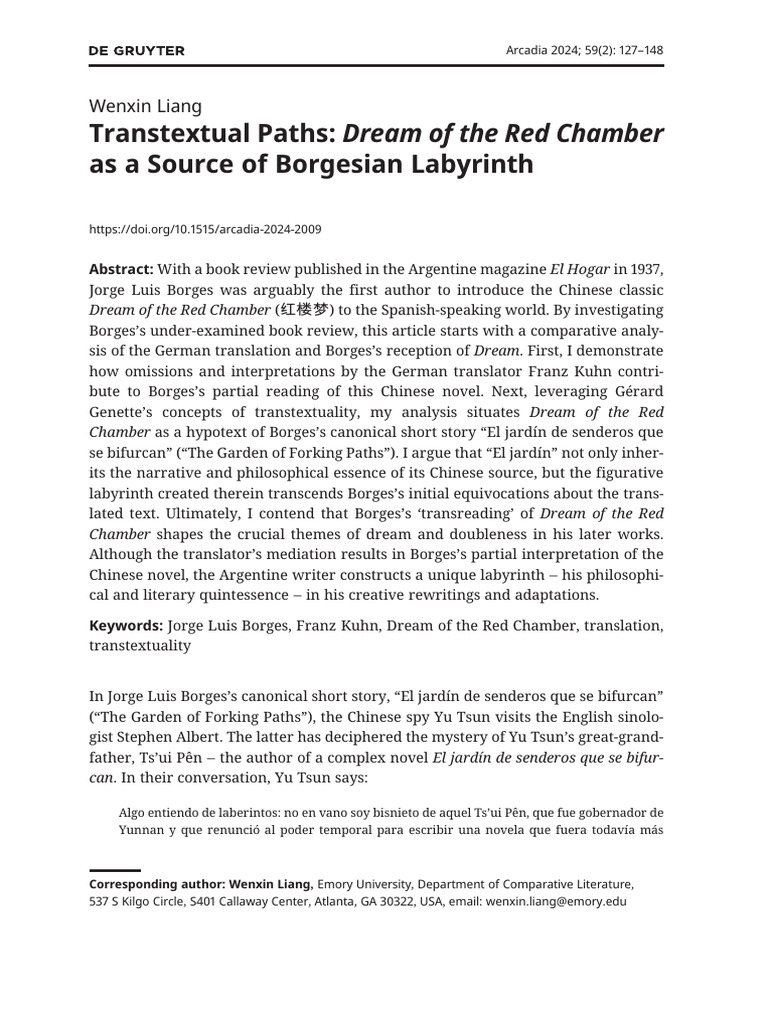 Transtextual Paths: Dream of The Red Chamber As A Source of Borgesian ...