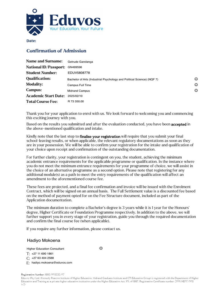 Eduvos Admission Confirmation Letter | PDF | Academic Degree ...