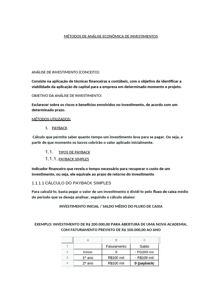Métodos de Análise de Investimentos | PDF | Valor Presente líquido ...