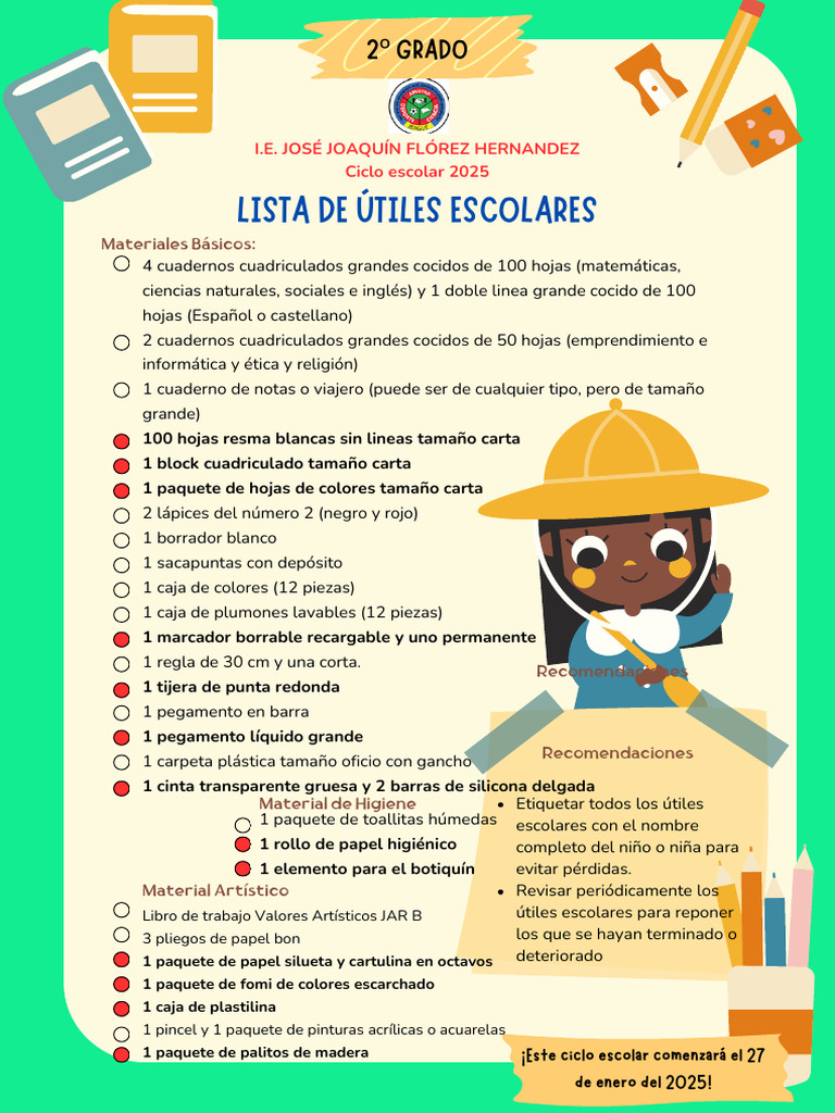 Lista de útiles escolares 2º grado 2025 | PDF