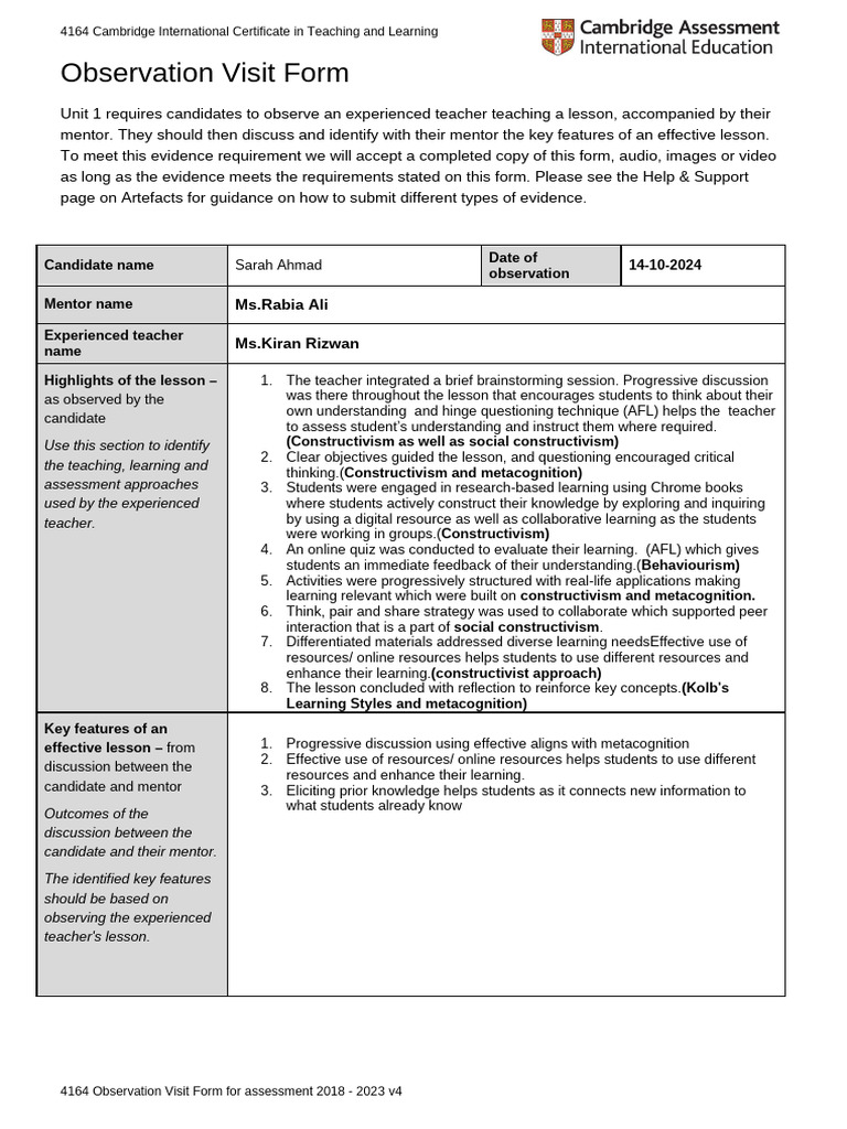 Teaching Observation Visit Form Guide | PDF | Constructivism ...