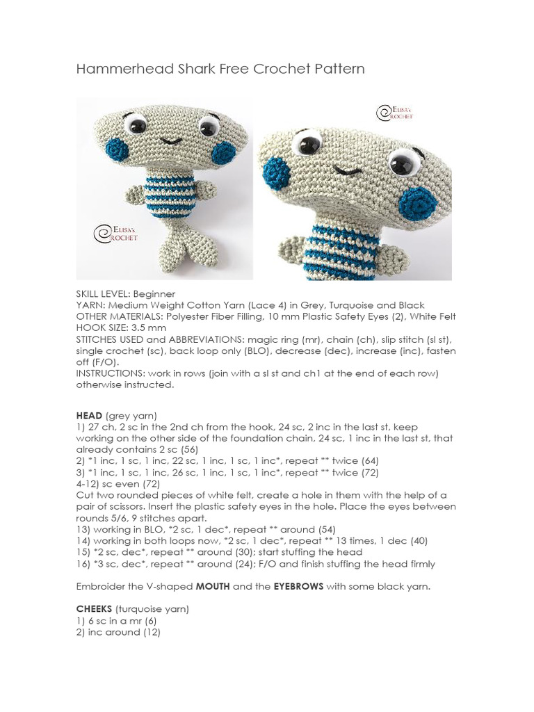 Free Hammerhead Shark Crochet Pattern | PDF | Crochet | Needlework