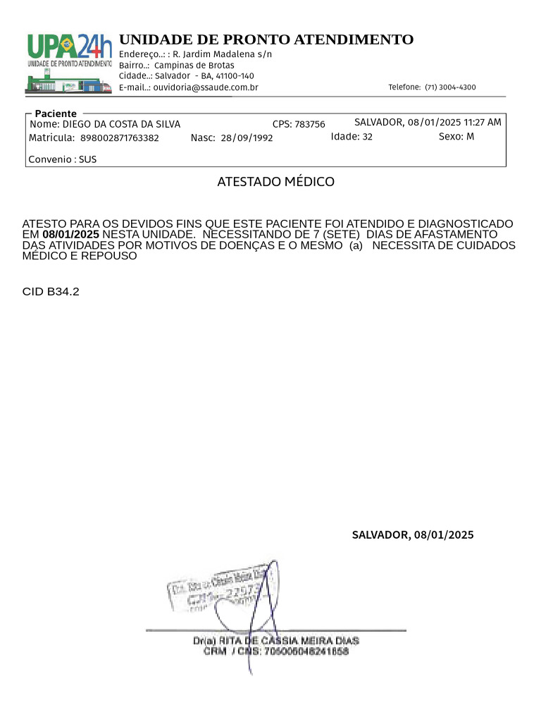 Atestado Médico para Afastamento de 7 Dias | PDF
