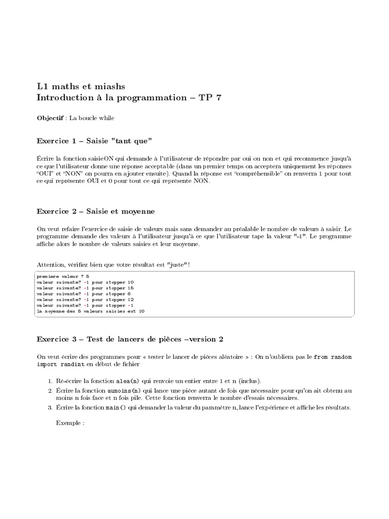 L1 Maths Et Miashs Introduction À La Programmation TP 7: Exercice 1 ...