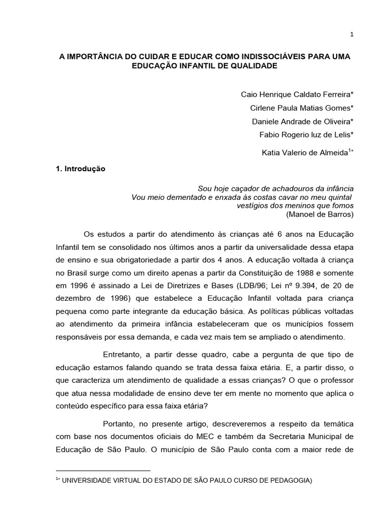 A Importância Do Cuidar e Educar Como Indissociáveis para Uma Educação ...