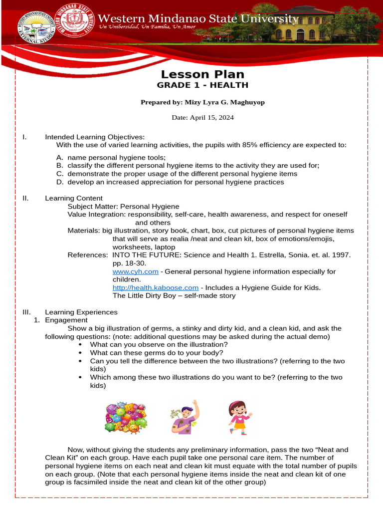 Grade 1 Personal Hygiene Lesson Plan | PDF | Hygiene