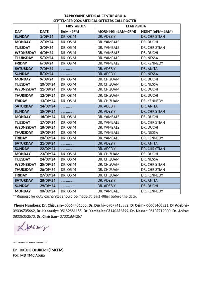September 2024 Duty Roster | PDF