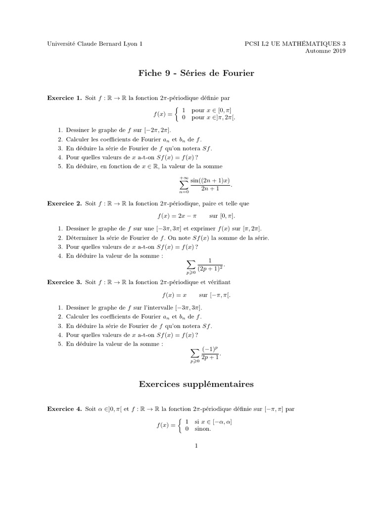 Séries de Fourier : Exercices et Solutions | PDF | Analyse mathématique ...
