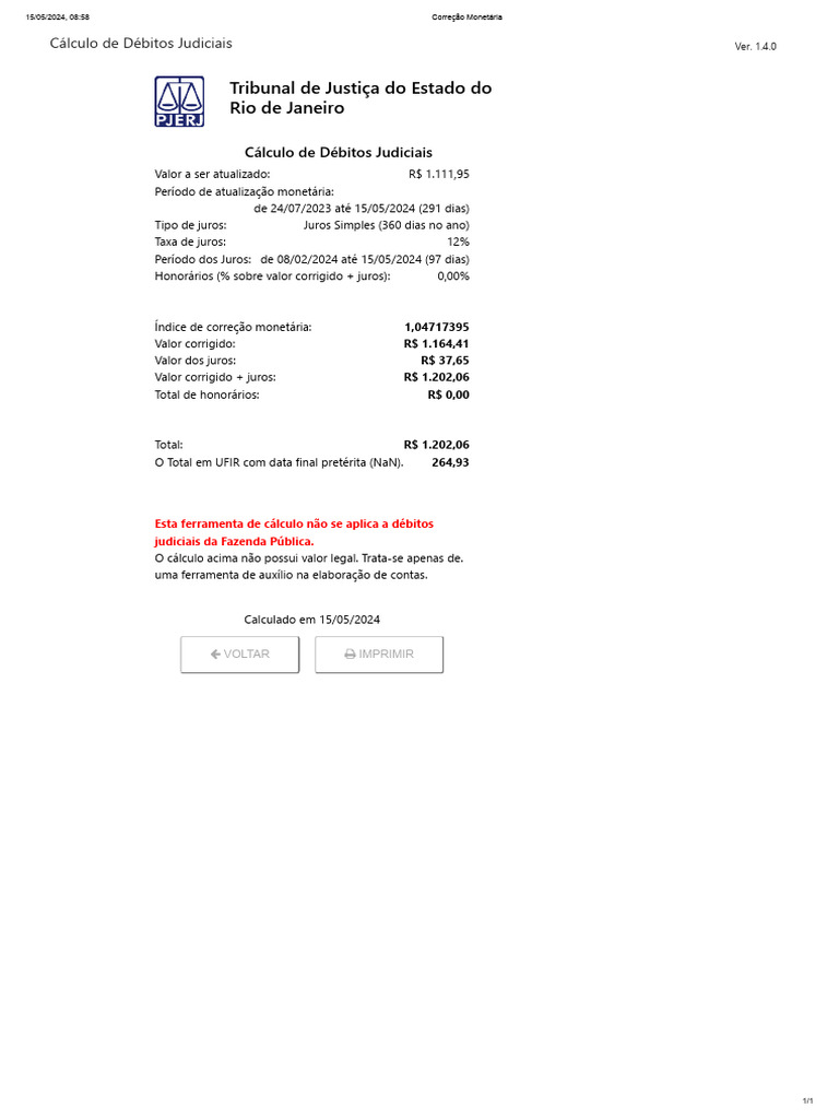 Cálculo de Débitos Judiciais RJ | PDF