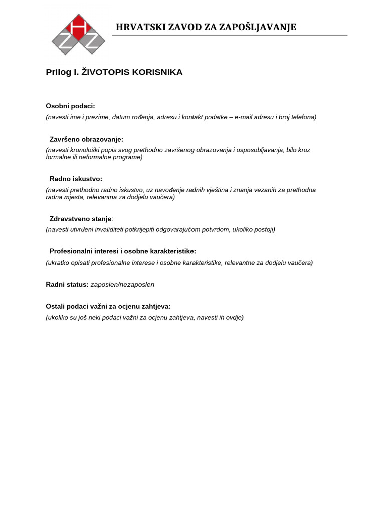 HZZ Zivotopis Prilog I Za Vaucer 281224 | PDF