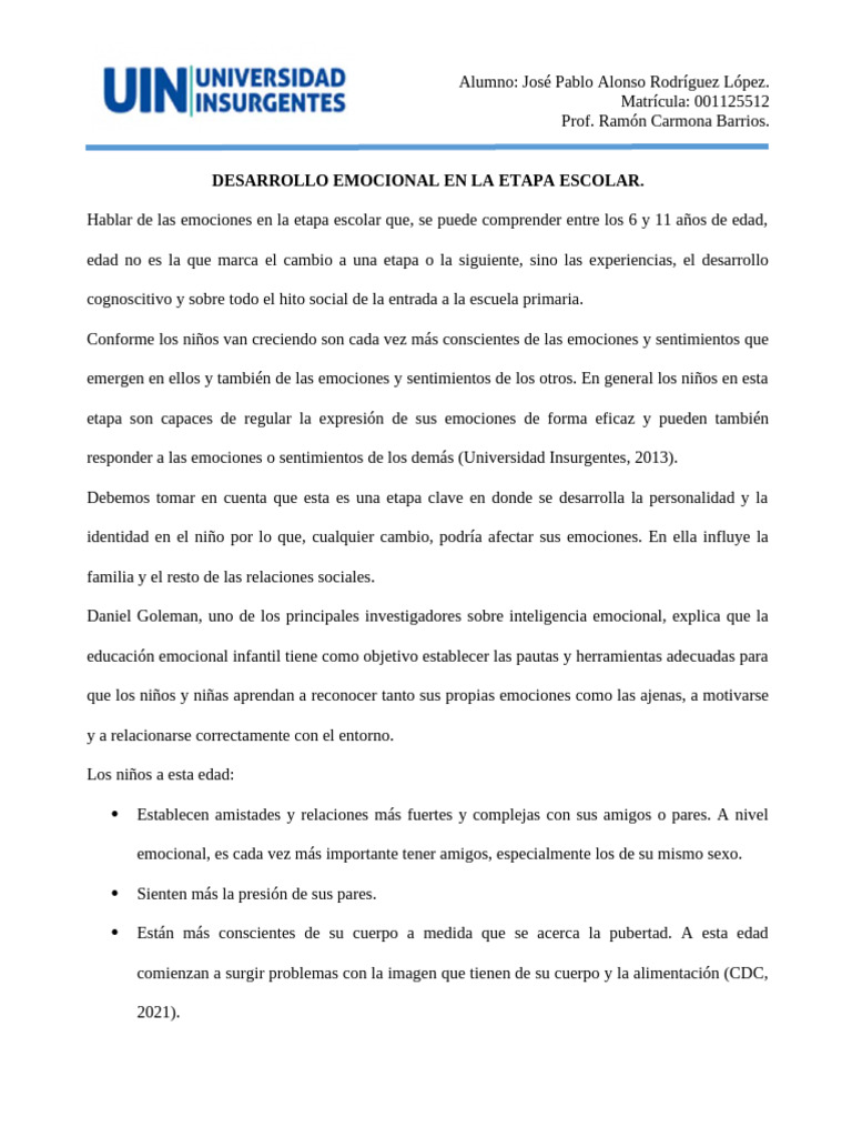 Desarrollo emocional en niños escolares | PDF | Las emociones | Autoestima